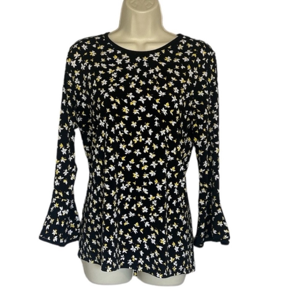 Michael Kors Black and White Fitted Blouse with Bell Sleeves